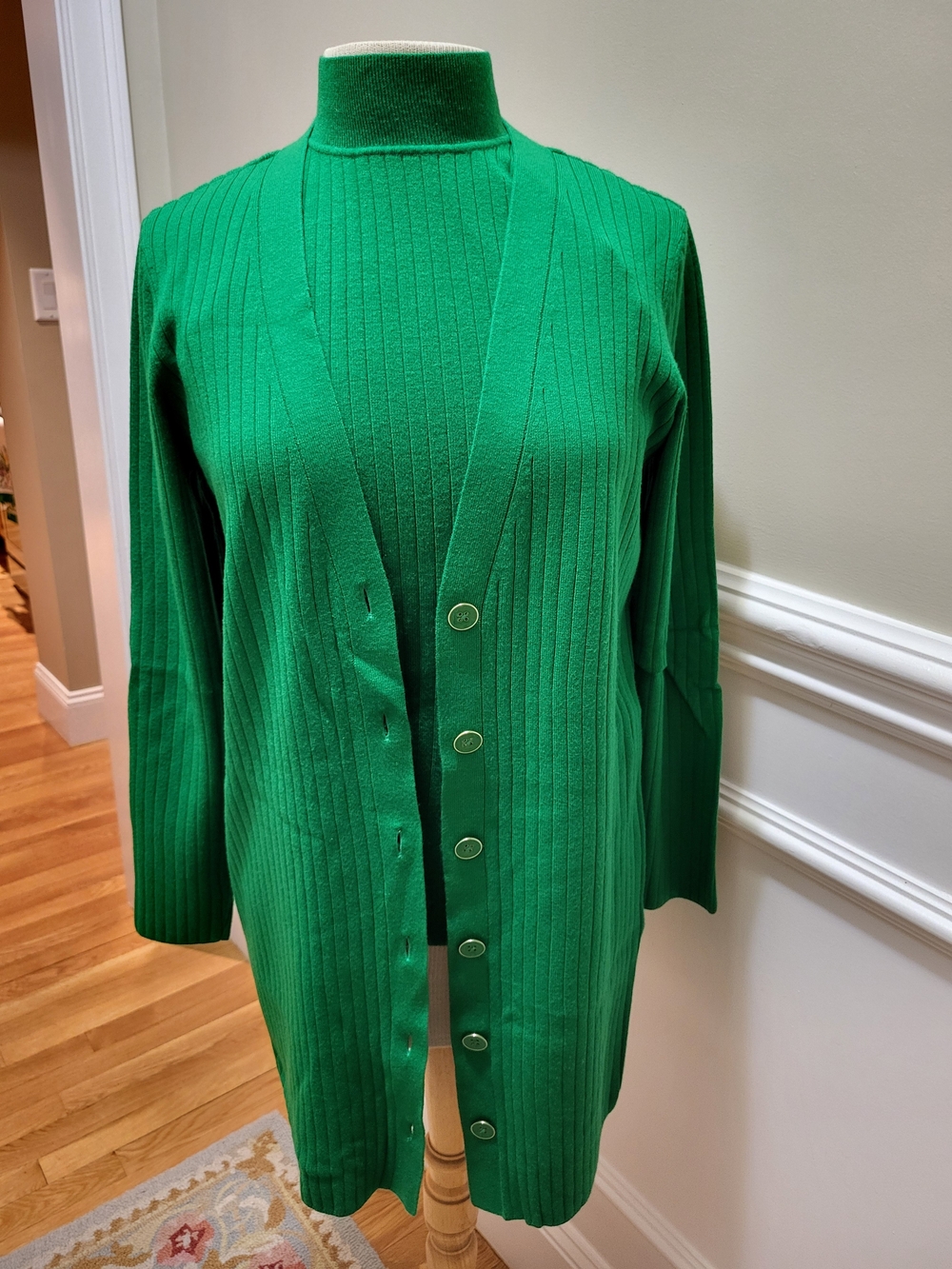 Talbots Vibrant Green Ribbed Button-Front Cardigan / Sleeveless Turtleneck
